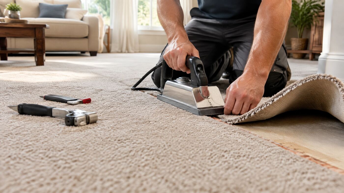 Professional carpet technician using a seaming iron while repairing a pulled-back carpet edge