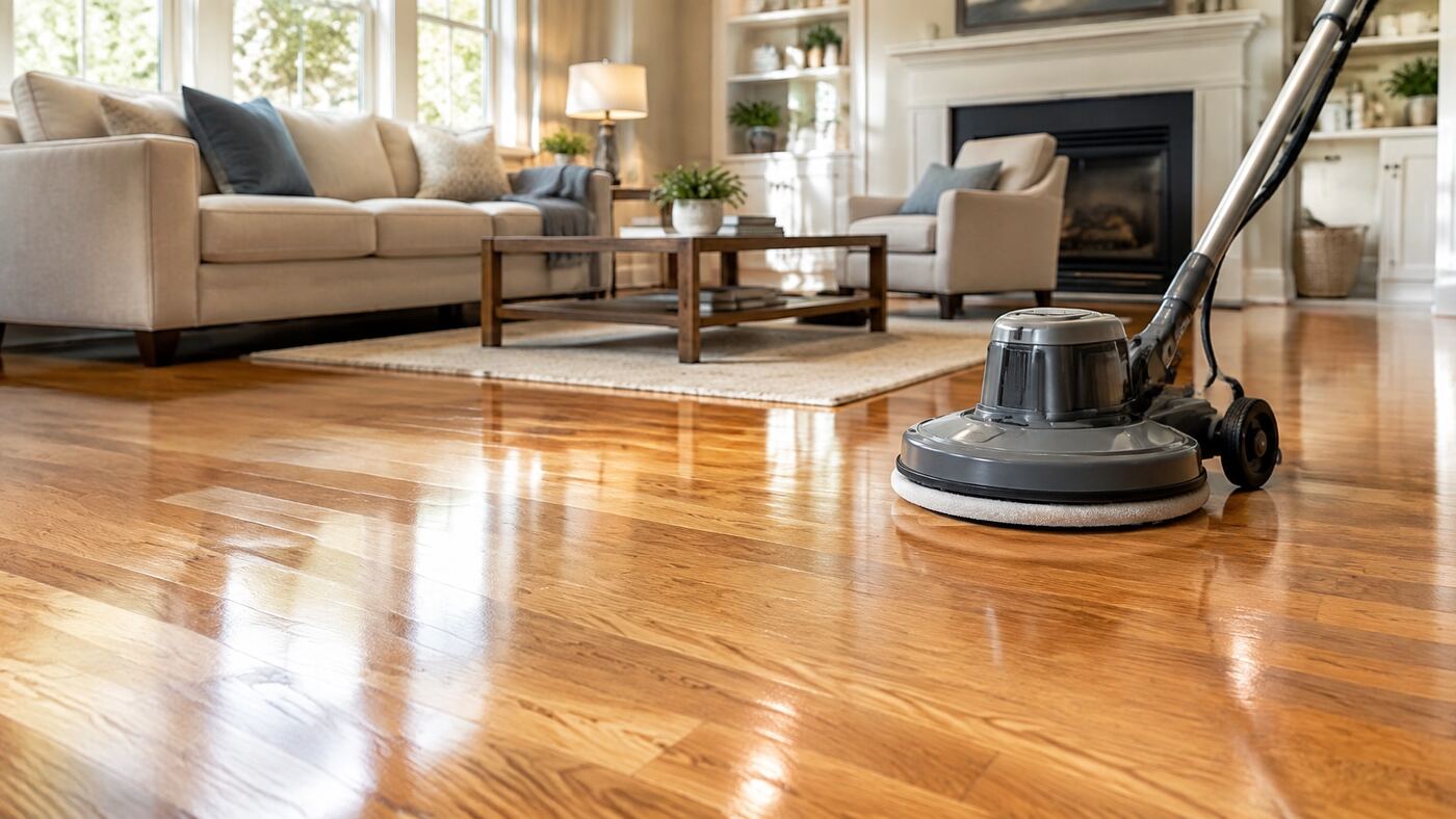 Professional floor cleaning machine on a clean hardwood floor in a bright living room