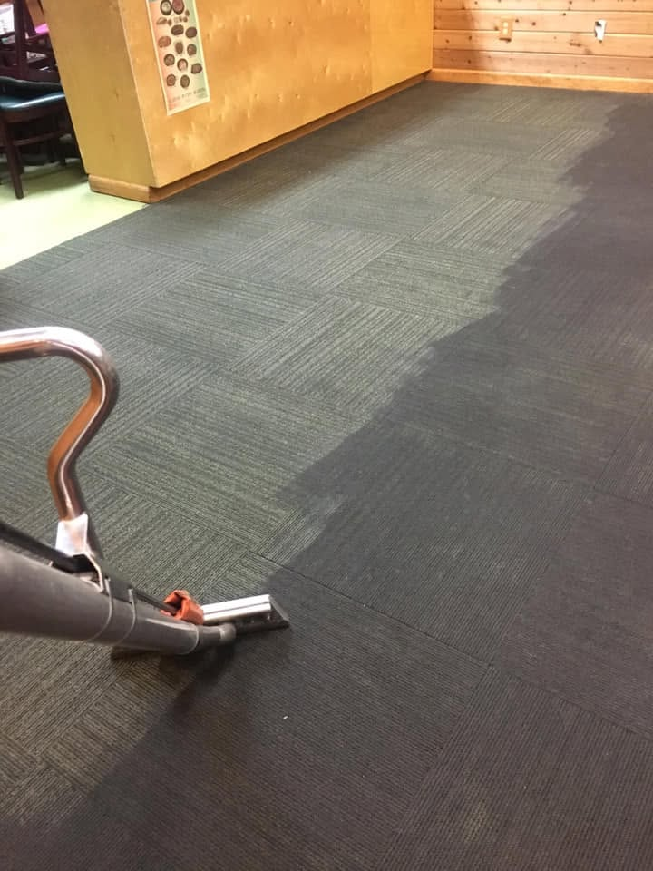 Carpet before and after professional deep cleaning — the clean half next to the soiled half