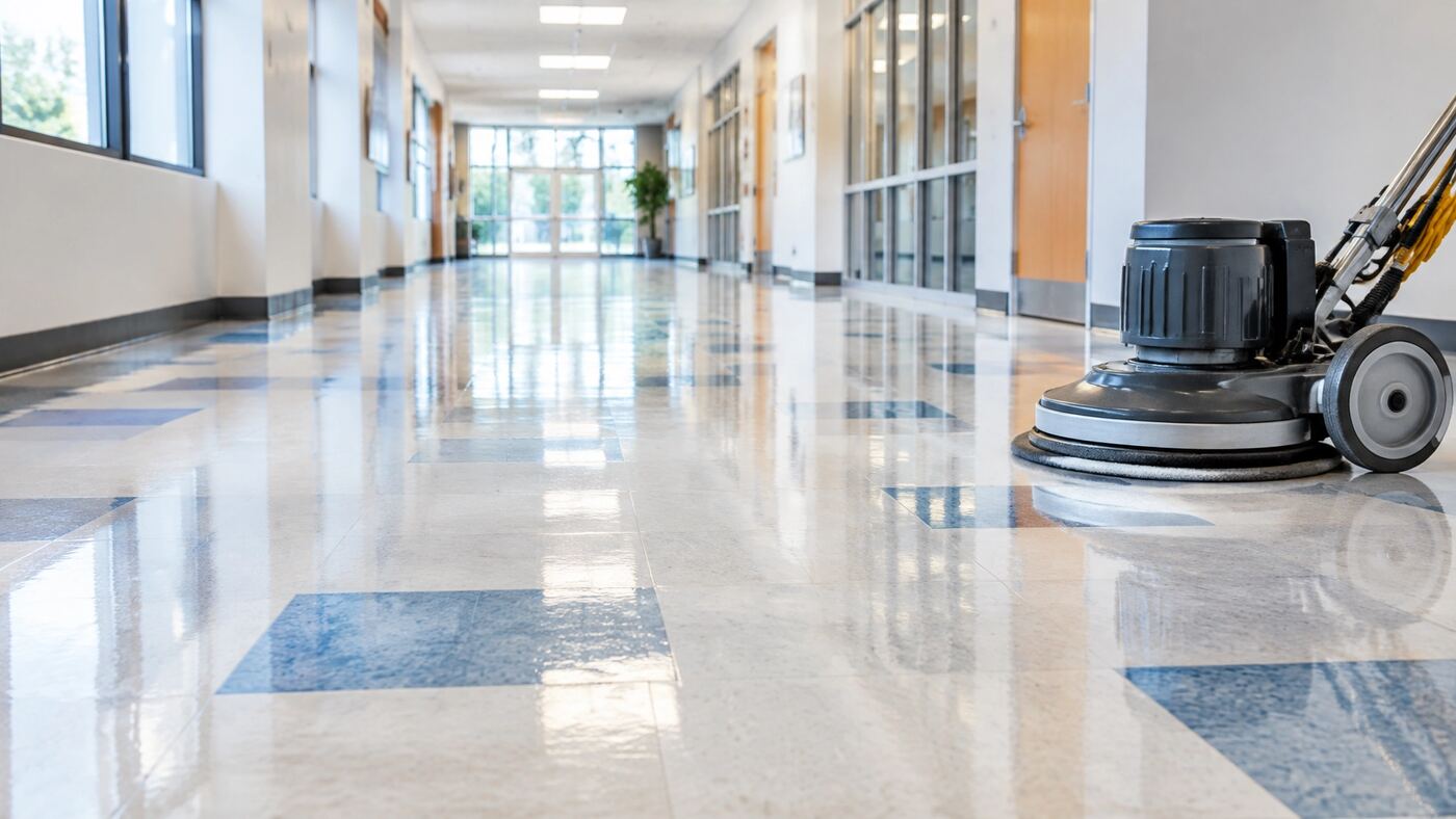 Professional floor machine beside a freshly waxed glossy VCT tile hallway